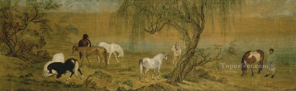 Lang shining horses in countryside antique Chinese Oil Paintings